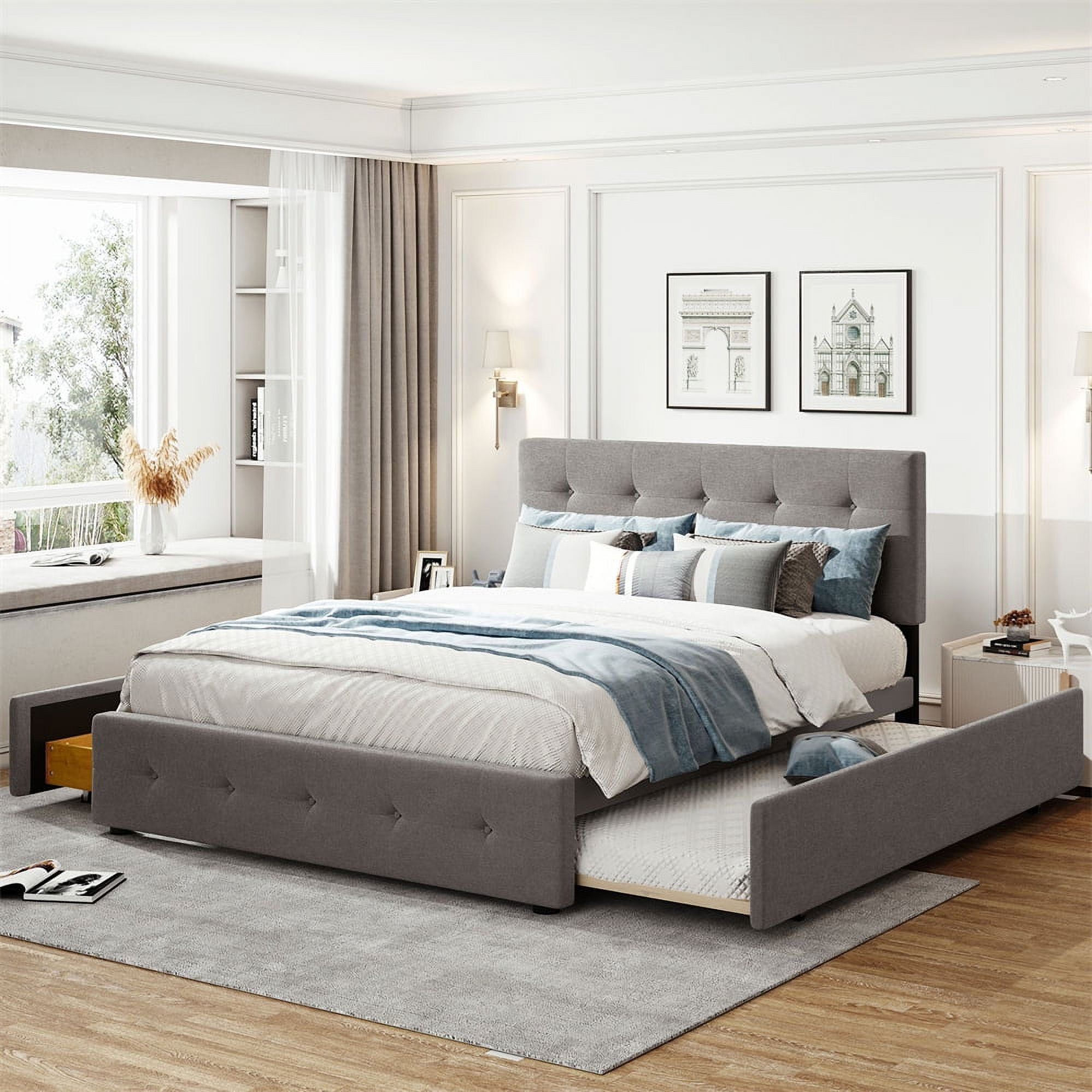 Queen Upholstered Platform Bed for Teens Adults Queen Bed with 2 Drawers and 1 Twin XL Trundle Bunk Bed with Tufted Headboard Maximized Space for Bedroom Living Room Guest Room Light Gray