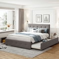 thumbnail image 1 of Queen Upholstered Storage Bed, Upholstered Platform Bed with 2 Drawers and 1 Twin XL Trundle, Wood Bed Frame with Button Tufted Upholstered Headboard and Wooden Slat Support, Light Gray, 1 of 7