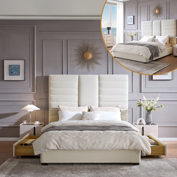 Queen Upholstered Platform Bed with Two Large Storage Drwers, Strong Wooden Slats, Metal Support, Heavy Duty Mattress Foundation, No Box Spring Needed, Noise-Free, Easy Assembly,Cream