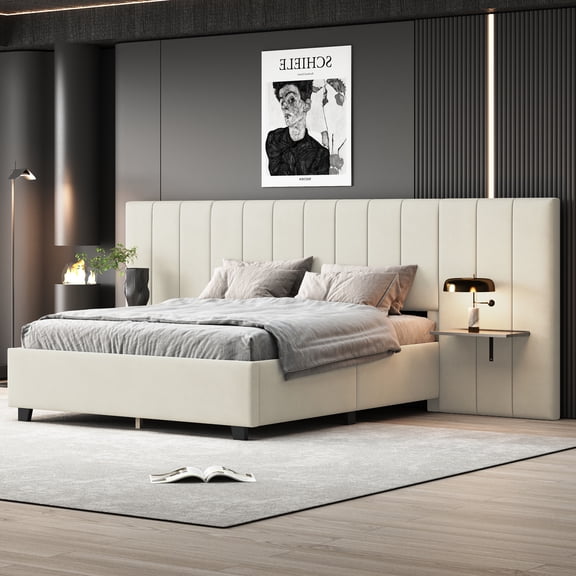 Queen Upholstered Platform Bed with Big Headboard - Velvet Beige