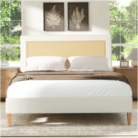 Queen Upholstered Platform Bed with Cane Back Headboard, Antique White Finish, No Box Spring Needed