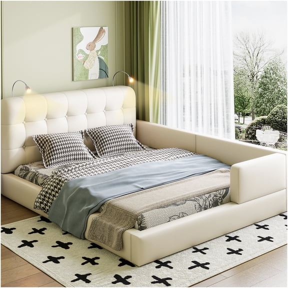 Queen Upholstered Platform Bed with LED Lights and Storage Headboard, Modern PU Leather Bed Frame