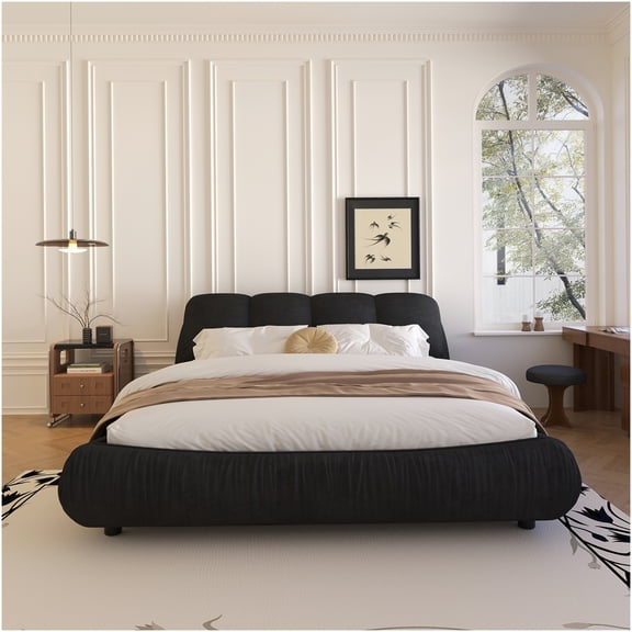 Queen Upholstered Platform Bed with Padded Headboard, Black, Heavy Duty Wood Frame, No Box Spring Needed