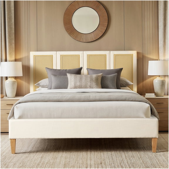 Queen Upholstered Platform Bed with Rattan Headboard, Boho Cane Bed Frame, No Box Spring Needed, Antique White