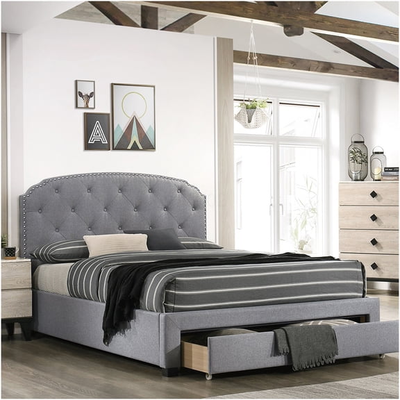 Queen Upholstered Platform Bed with Storage Drawer and Tufted Headboard, Modern Low Profile Bed Frame, Light Gray Fabric