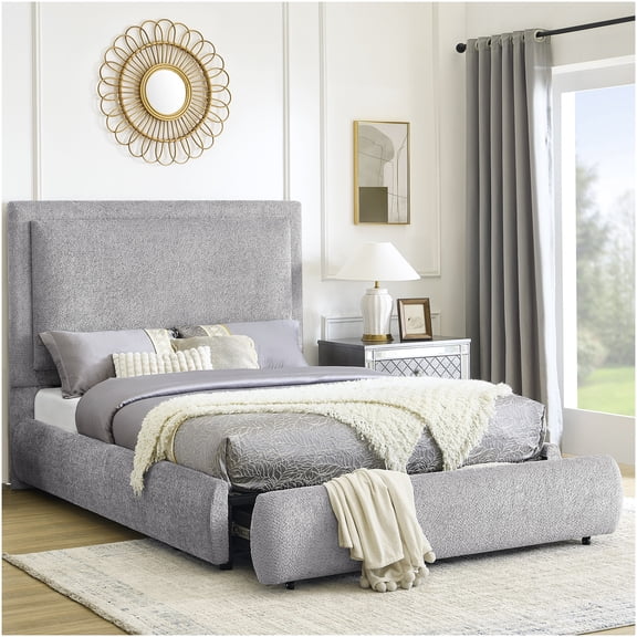 Queen Upholstered Platform Bed with Storage Headboard, Chenille Fabric, Pewter Finish, No Box Spring Needed