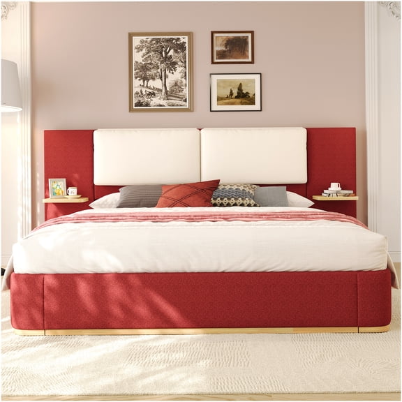 Queen Upholstered Platform Bed with Storage Shelves and Padded Headboard, Modern Bed Frame with Strong Support, Noise Free, Easy Assembly, Red