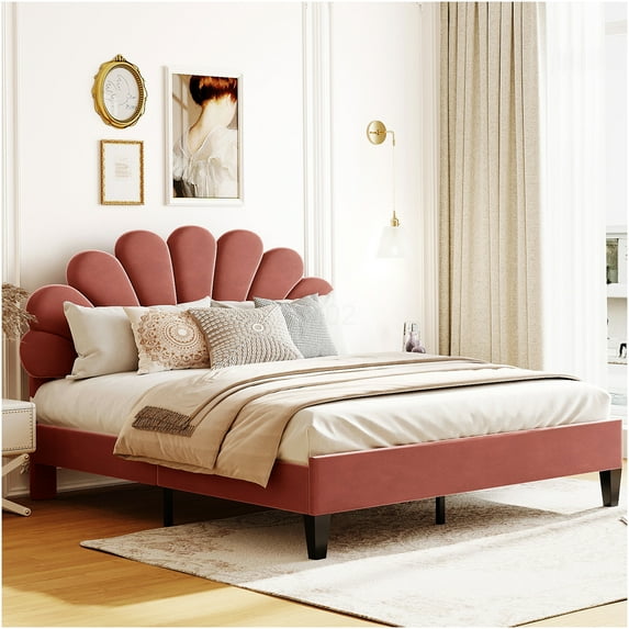 Queen Upholstered Platform Bed with Velvet Headboard, Modern Floral Design, No Box Spring Needed