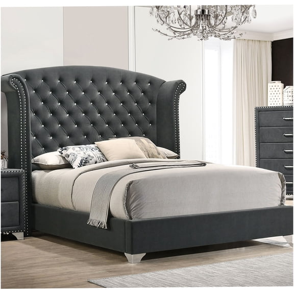 Queen Upholstered Platform Bed with Wingback Headboard, Grey Velvet Button Tufted Frame for Modern Bedroom