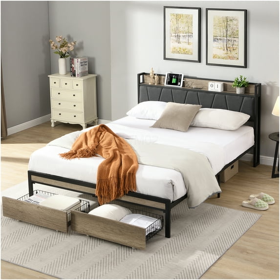 Queen Upholstered Platform Storage Bed Frame with USB Ports, High Clearance Underbed Storage, No Box Spring Needed, Black and Gray Modern Design