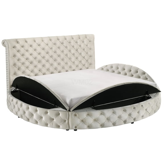 Queen Upholstered Round Bed with Storage, Ivory Velvet Button Tufted Platform Bed Frame with Nailhead Trim, No Mattress