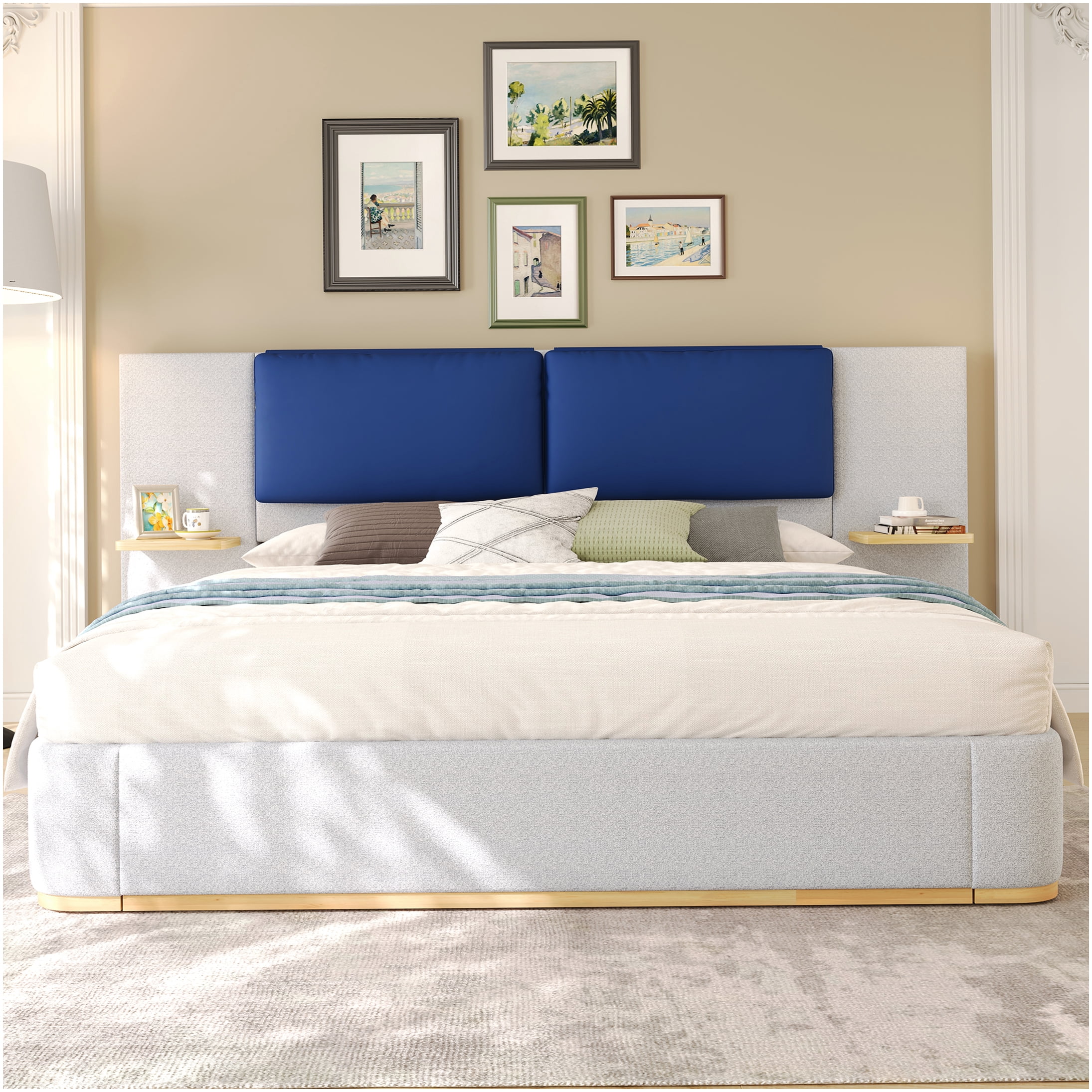 Queen Upholstered Storage Bed Frame with Shelves, Blue Grey Fabric Headboard, No Box Spring Needed, Noise Free Platform Bed