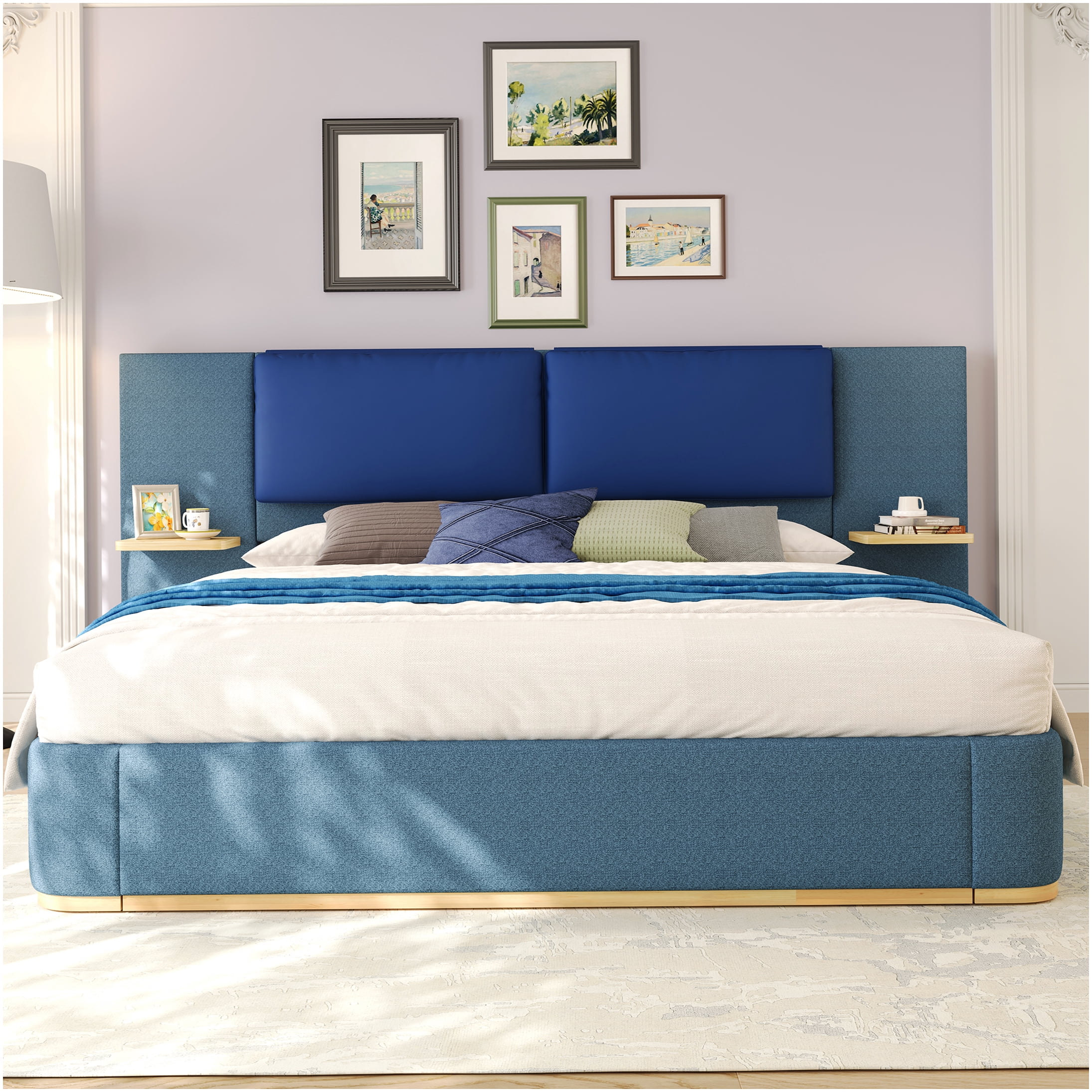 Queen Upholstered Storage Bed Frame with Shelves, Soft Padded Headboard, Blue Fabric Platform Bed, No Box Spring Needed, Easy Assembly