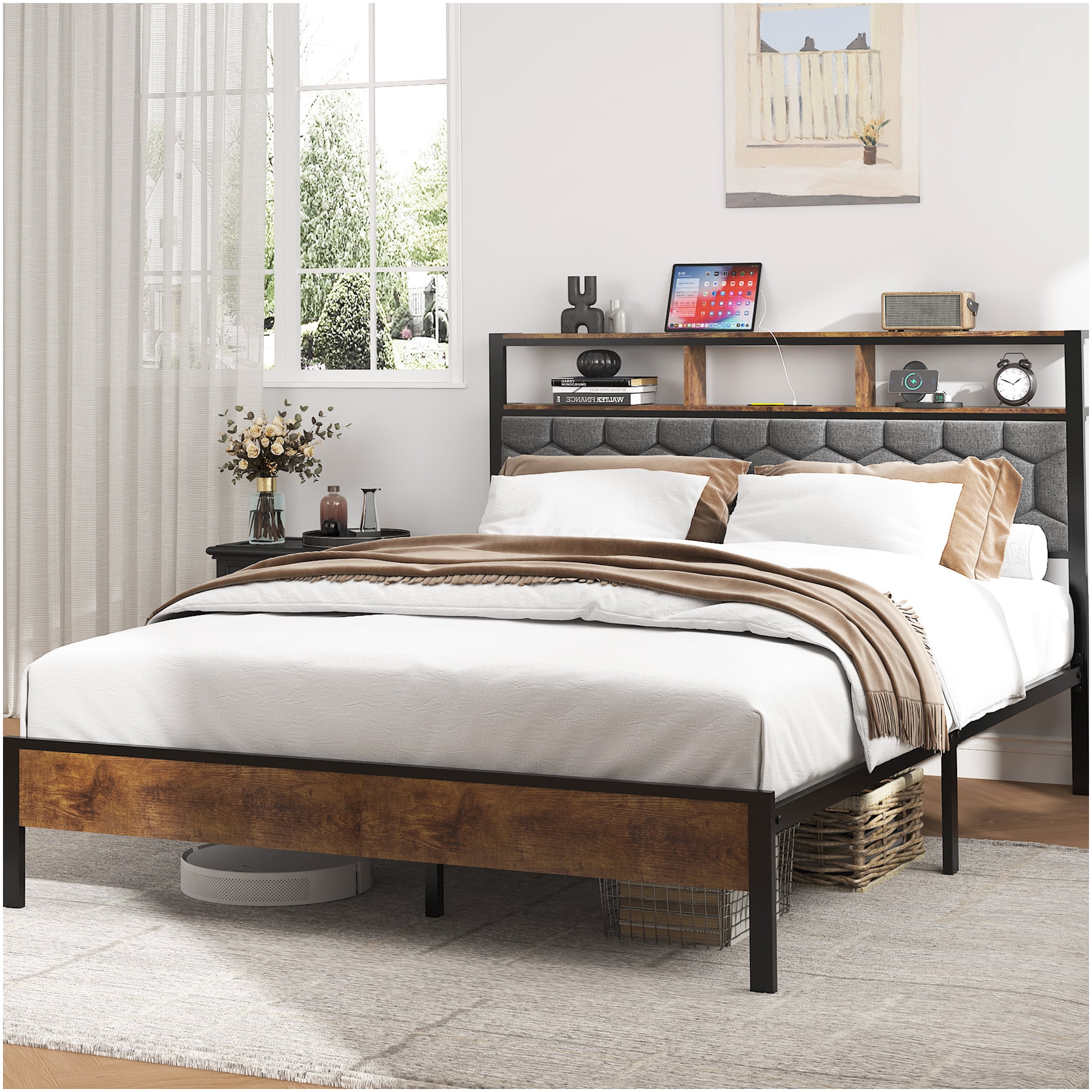Queen Upholstered Storage Bed Frame with USB Charging, Vintage Brown Platform Bed, Noise Free, No Box Spring Needed
