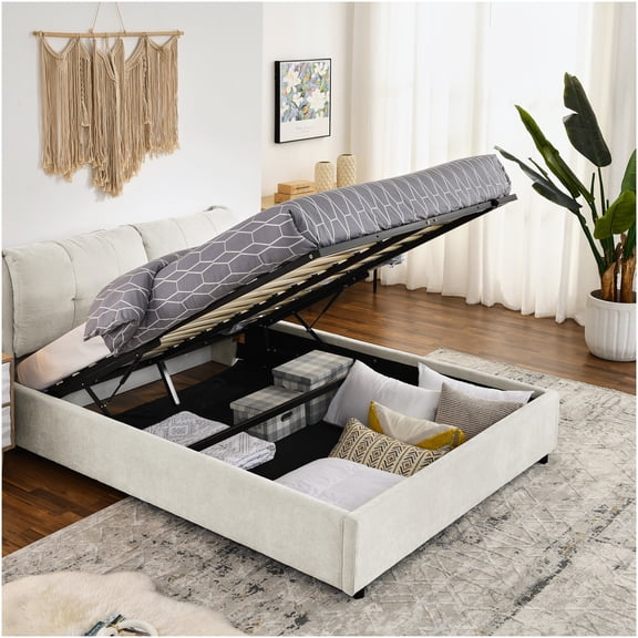 Queen Upholstered Storage Bed with Hydraulic Lift, Linen Fabric Platform Bed Frame with Hidden Compartment and Headboard