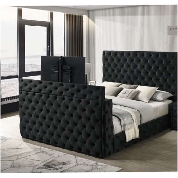Queen Upholstered Storage Bed with TV Lift, Black Velvet Headboard, Hydraulic Lift Mechanism for 32-40 inch TV, Modern Platform Bed Frame