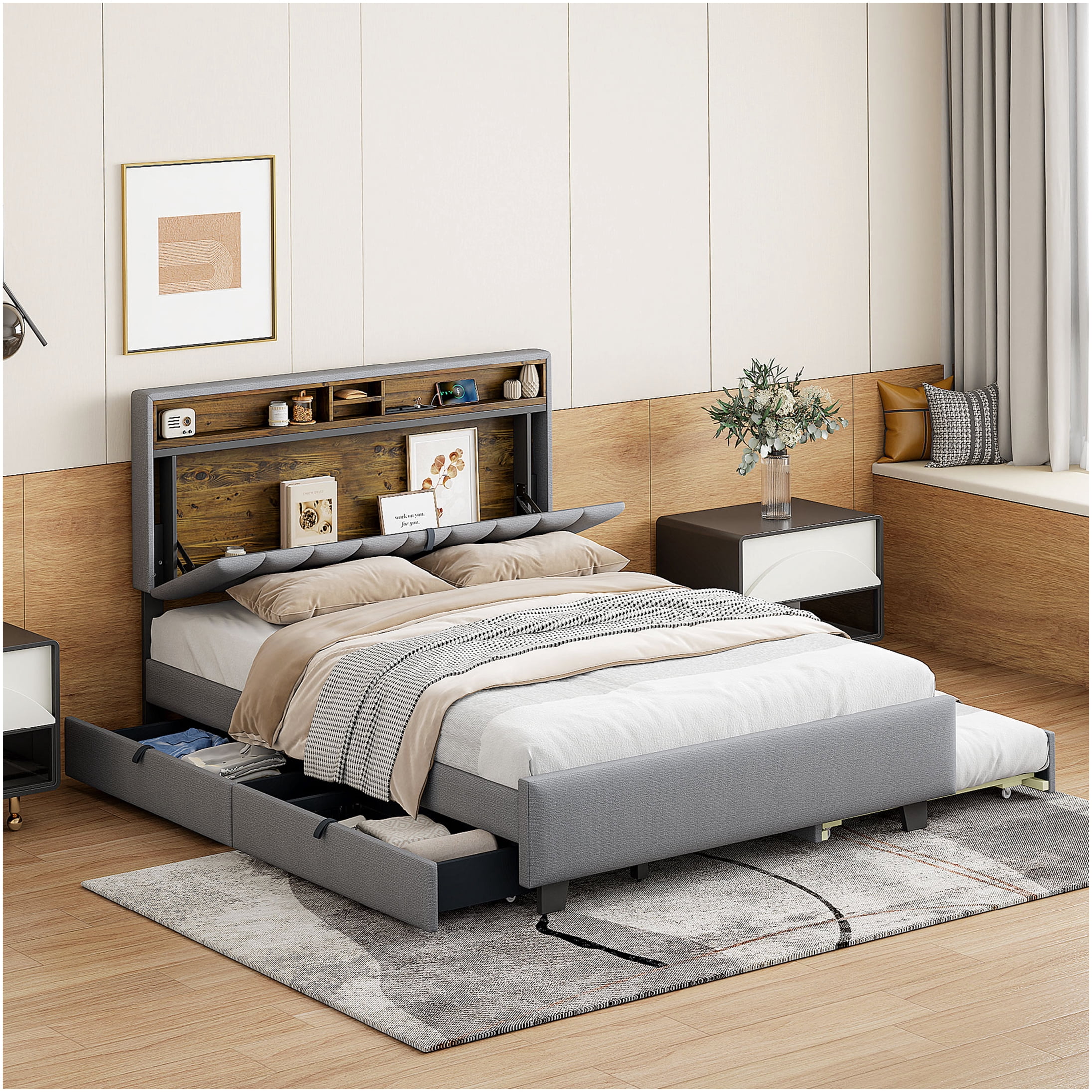 Queen Upholstered Storage Bed with Trundle and Charging Station, Linen ...
