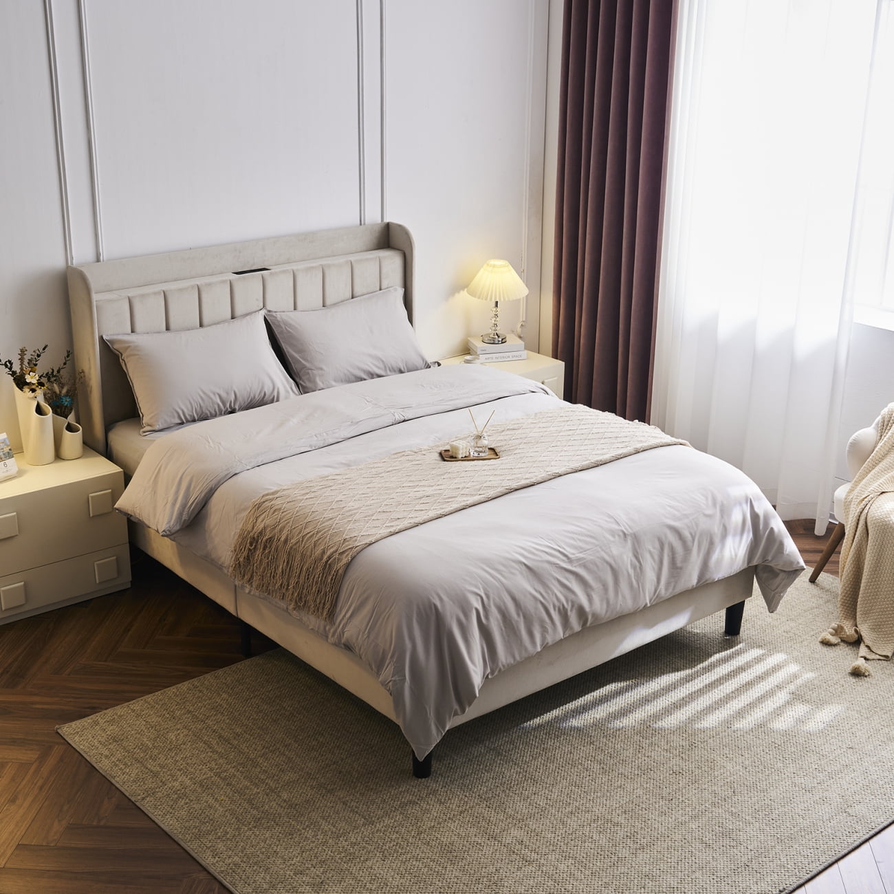 Queen Off-White Velvet Upholstered Platform Bed with Tufted Headboard