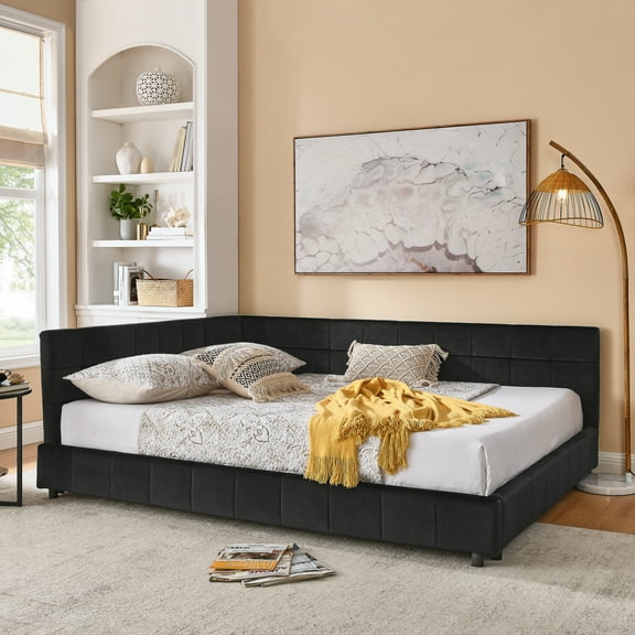 Queen Velvet Tufted Daybed Bed Frame - Mid-Century Upholstered Sofa Bed with Armrests & Backrest - Bedroom/Living Room - Black (85.5''x64.5''x30.5'') - Sturdy Eucalyptus Wood