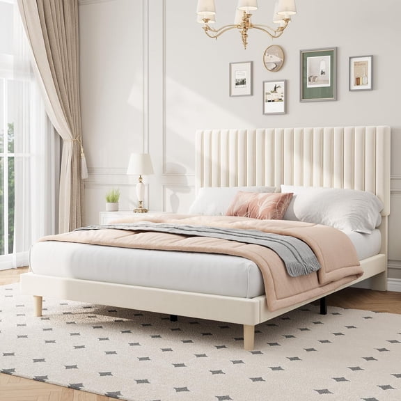 Queen Velvet Upholstered Platform Bed Frame – Adjustable Vertical Channel Tufted Headboard, Strong Wooden Slats, Easy Assembly, Beige