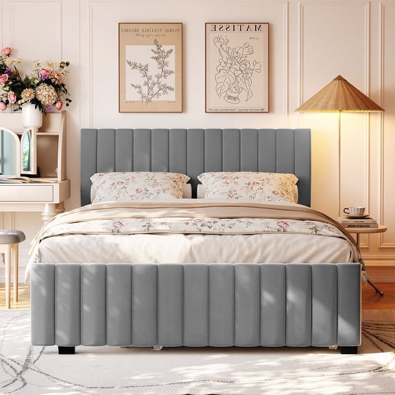 Queen Velvet Upholstered Platform Bed with Twin XL Trundle, Gray, No Box Spring Needed, Space-Saving Sofa Bed for Guest Room, Apartment