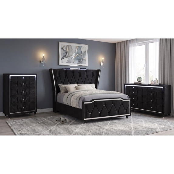 Three Drawer Dressor Queen Velvet Wingback Bedroom Set with LED Crown Lighting, 3 Pieces ...