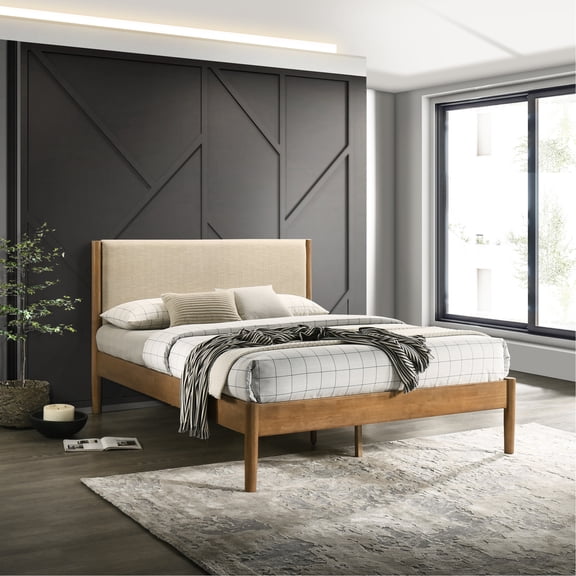 Queen Walnut Bed. Cozy Upholstery. Strong Wood Construction. Bedroom Luxury Bed In Walnut. Headboard. Slats. Captivation