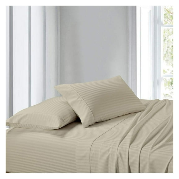 Queen Waterbed Sheets - 100% Cotton Sateen, 300 Thread Count - Striped Beige - 4 Piece Set (Fitted, Flat, 2 Pillowcases) - Cool & Smooth Waterbed Bedding