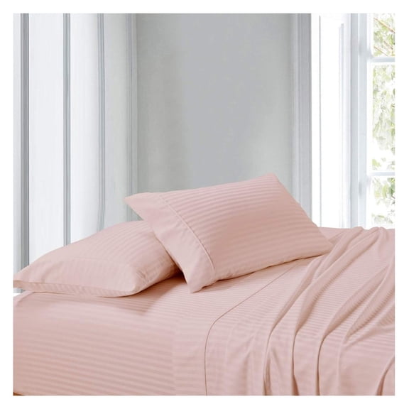 Queen Waterbed Sheets - 100% Cotton Sateen Pink Striped 4-Piece Set - 300 Thread Count - Fitted, Flat Sheet & Pillowcases - Cool & Soft Waterbed Bedding