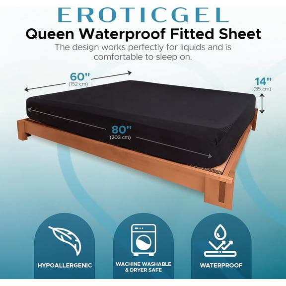 Queen Waterproof Fitted Sheet, 14'' Deep Pocket,  Black Mattress Protector, Safe with Oil, Water-Based, & Silicone-Based Massage Products, Machine Washable, Noiseless, Hypoallergenic