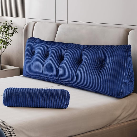Queen Wedge Headboard Pillow with 2 Roll Cushions, Large Reading Pillow for Bed Sitting Up, Triangular Backrest Cushion for Headboard, Ergonomic Support Pillow for Back Pain Relief, Blue