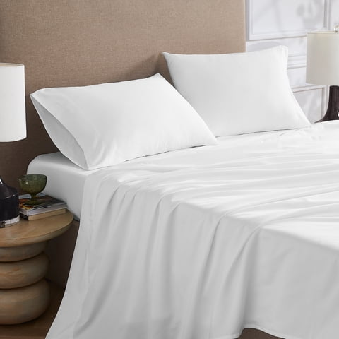 Color Sense 4-Piece Brushed Percale Cotton Blend Bedsheet Set, Cool & Crisp, Breathable, Wrinkle Resistant, Queen, Arctic White