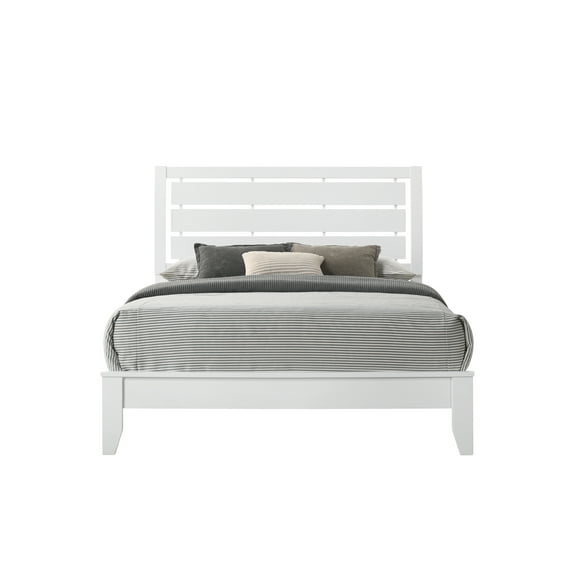 Queen White Finish Geometric Panel Bed Frame - Solid Wood, Curved Headboard, Low Profile, Slats Included - Modern Bedroom Furniture (64.2"W x 86.8"D x 50.4"H)