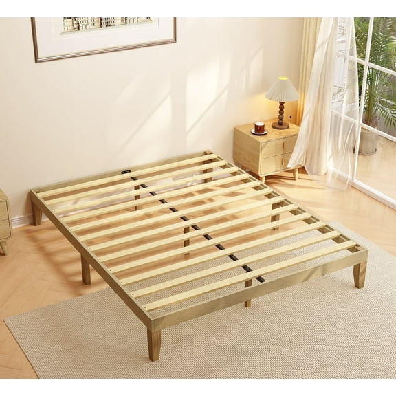 Queen Wood Bed Frame - 12 Inch Solid Pine Platform Bed with Heavy-Duty Slat Support | No Box Spring Needed | Modern Minimalist Design & 9 Sturdy Legs | Easy Assembly, No Headboard