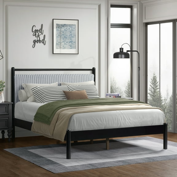 Queen Wood Bed Frame with Fluffy Grey Headboard - Solid Rubberwood, Black Frame, Silent Slats, 800lb Capacity, Easy Assembly, Contemporary Bedroom Furniture