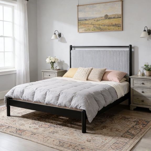 Queen Wood Bed Frame with Fluffy Soft Headboard