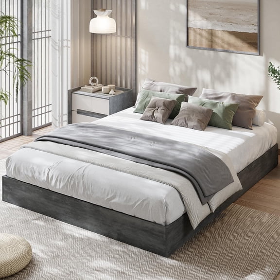 Queen Wood Platform Bed Frame, Low Profile Floor Bed with Wood Slats, No Headboard, No Box Spring, Gray