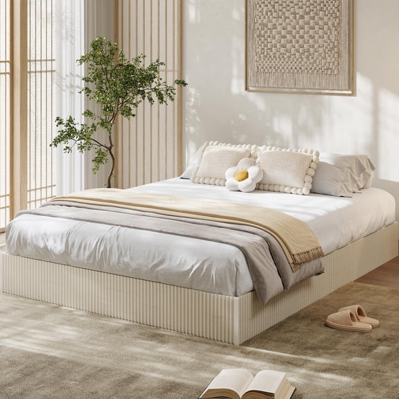 Queen Wood Platform Bed Frame with Fluted Design, Low Profile Base, No Box Spring Needed, Cream