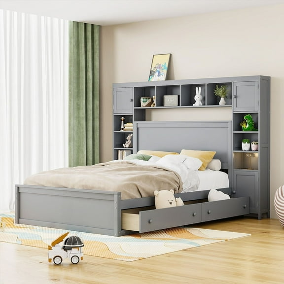 Queen Wooden Bed Having All-in-One Cabinet, Shelf & Sockets - Gray