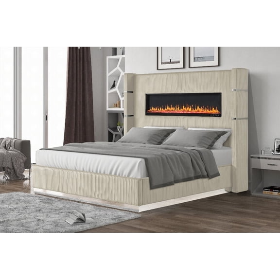 Queen Size wooden bed frame with ambient lighting and USB ports in beige velvet finish suitable for master bedroom.