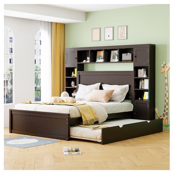 Queen Wooden Bed with All-in-One Cabinet, Shelf & Sockets, Twin XL Trundle, Espresso