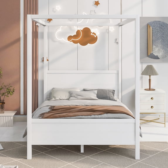 Queen Wooden Canopy Platform Bed with Solid Construction, Canopy Daybed with Headboard and Footboard, Wood Bed Frame Bedroom Furniture with Support Leg for Girls Boys (White,Queen)