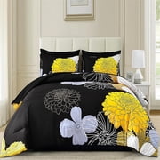 Dinjoy Yellow Black Floral Queen Size Comforter Set Bed in a Bag Bedding Set 7 Pieces 90"x90"