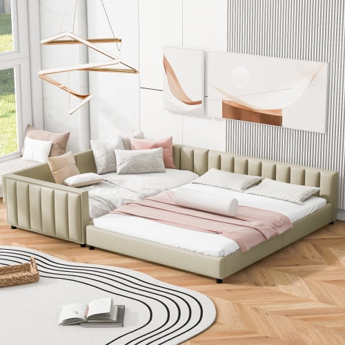 Queen and Twin XL Upholstered Platform Bed Set, PU Leather 2-Piece Bed with Removable Rail, Multi-Functional for Guest Room Living Room, Beige
