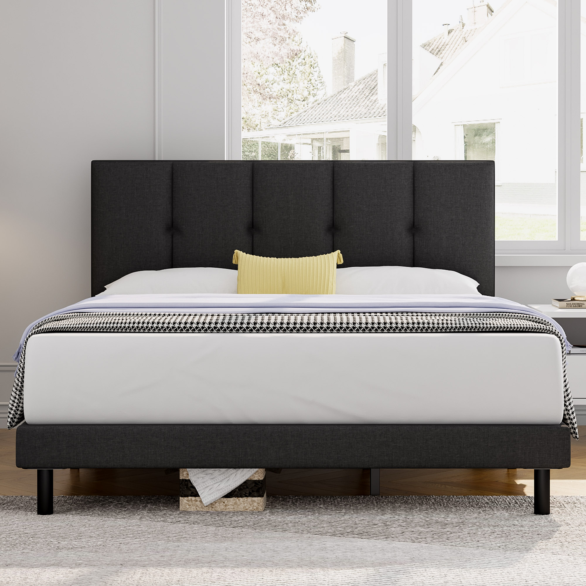 Queen bed, HAIIDE Queen Size Platform Bed Frame with Fabric Upholstered Headboard, No Box Spring Needed, Dark Grey - image 1 of 7