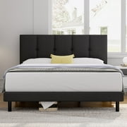 Queen bed, HAIIDE Queen Size Platform Bed Frame with Fabric Upholstered Headboard, No Box Spring Needed, Dark Grey
