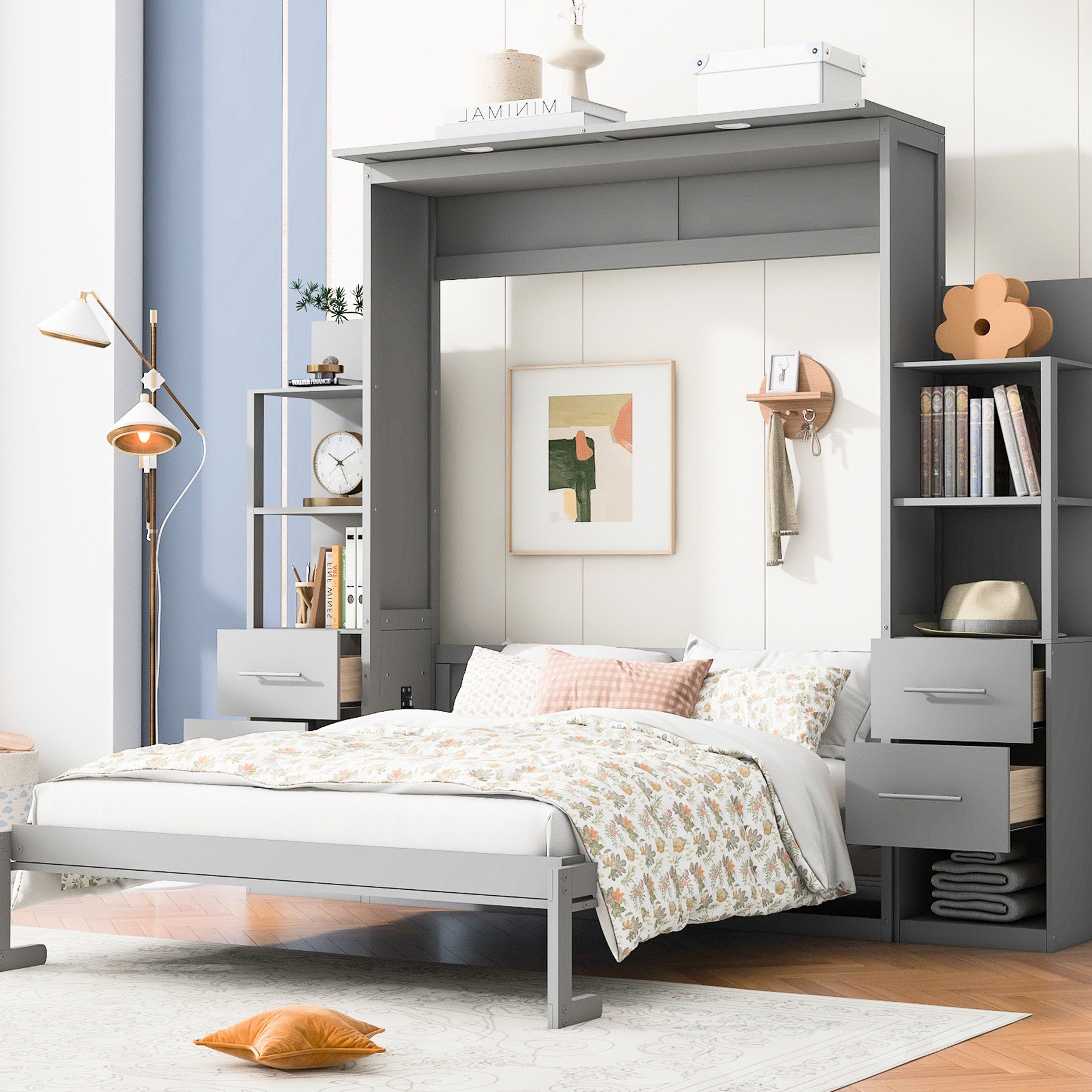 View of Queen gray Murphy bed with storage and easy - to - fold feature for ...