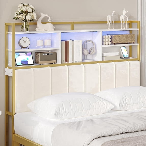 Queen Size Headboard with 3-Tier Storage Shelves, Upholstered Headboards 2 Outlets, USB Ports & LED Light, Sturdy and Stable Headboard, White and Gold