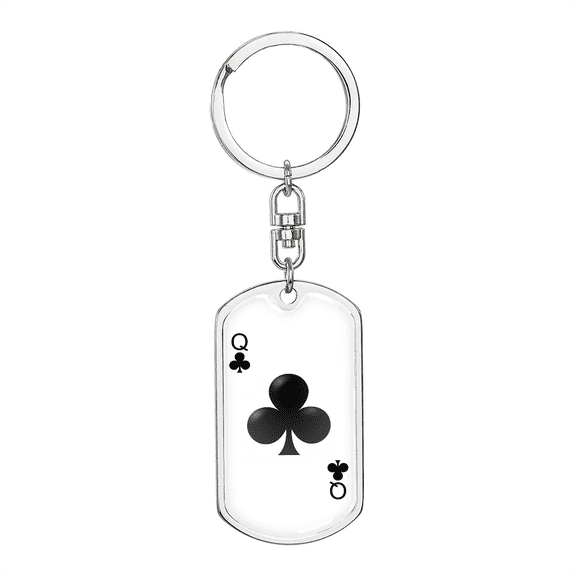 Queen of Clubs Gambler Plain Dog Tag Keychain Stainless Steel Silver Tone or Gold Tone