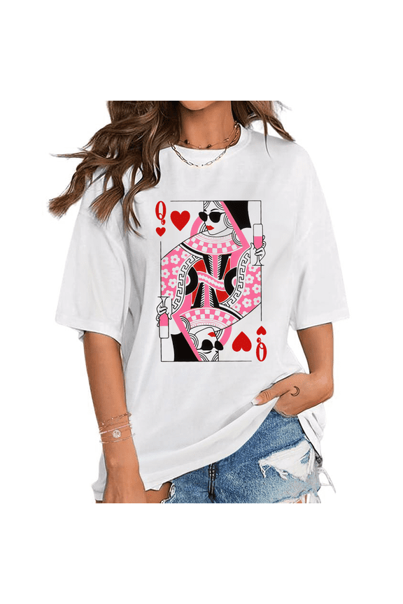 Queen of Hearts Coffee Lover Print T-Shirts Floral Checker Graphic Tees Short Sleeve Casual Tops Mothers Day Gift Fashion Shirts White,2XL